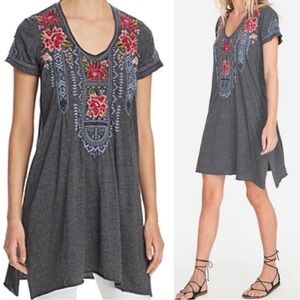 JOHNNY WAS Davis Drape Tunic Dress Gray Multicolor Floral Embroidery Bohemian XS